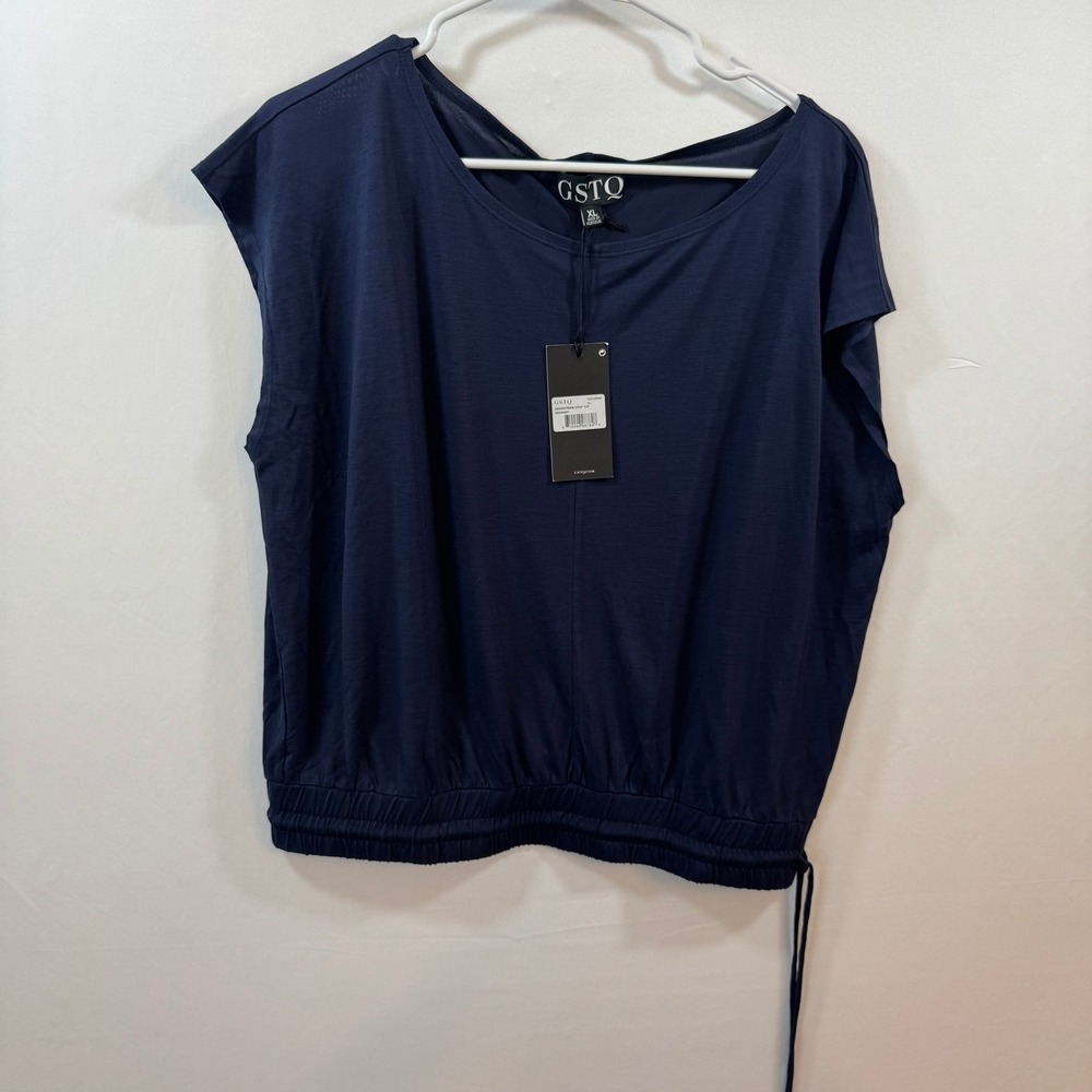 GSTQ Midnight Blue Drawstring Crop Top XL Lyocell TOP-00094 Made in Portugal - Picture 2 of 9